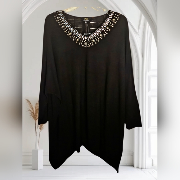 Kyle by Kyle Richards Black w/Jewelled V-Neck Batwing Asymmetric Tunic Sweater-L - Picture 1 of 10